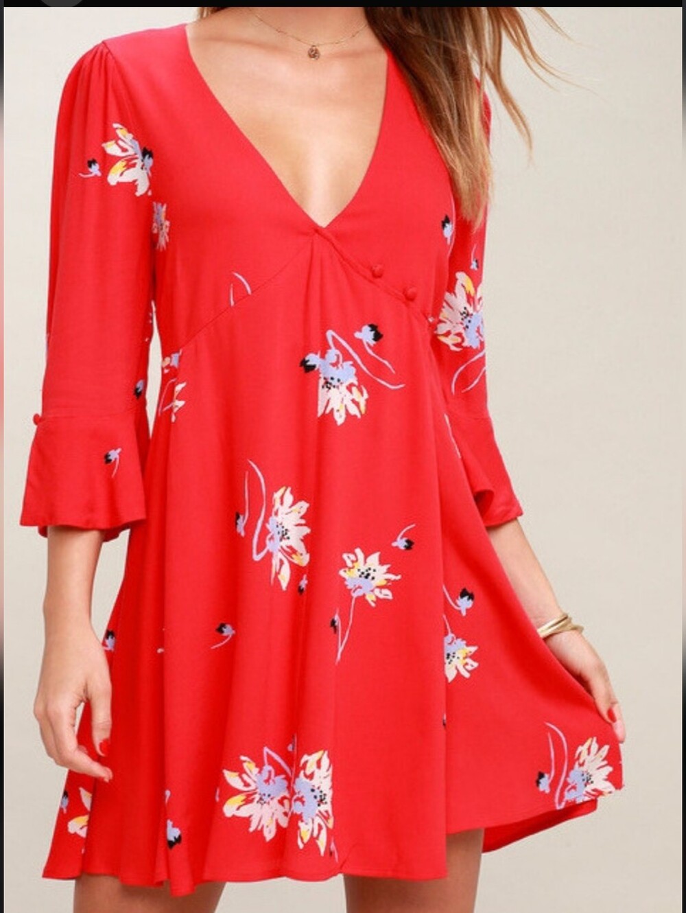 Free People Red Floral V-Neck Mini Dress